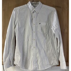 American Eagle Button Down LS‎ Casual Shirt Mens L White Cotton Blue Striped